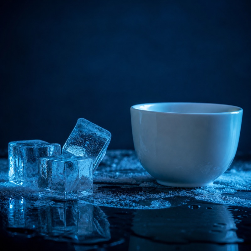 夕方の水面と氷、白磁の器のイメージ画像(生成画像・特定の人物や商品を写したものではありません)